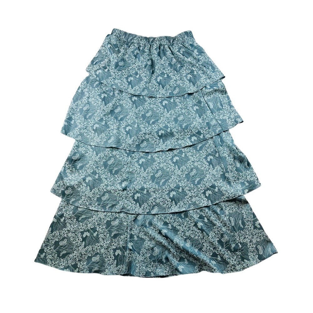 Current Air Skirt Women L Blue Floral Tiered Lined Elastic Waist Maxi Boho